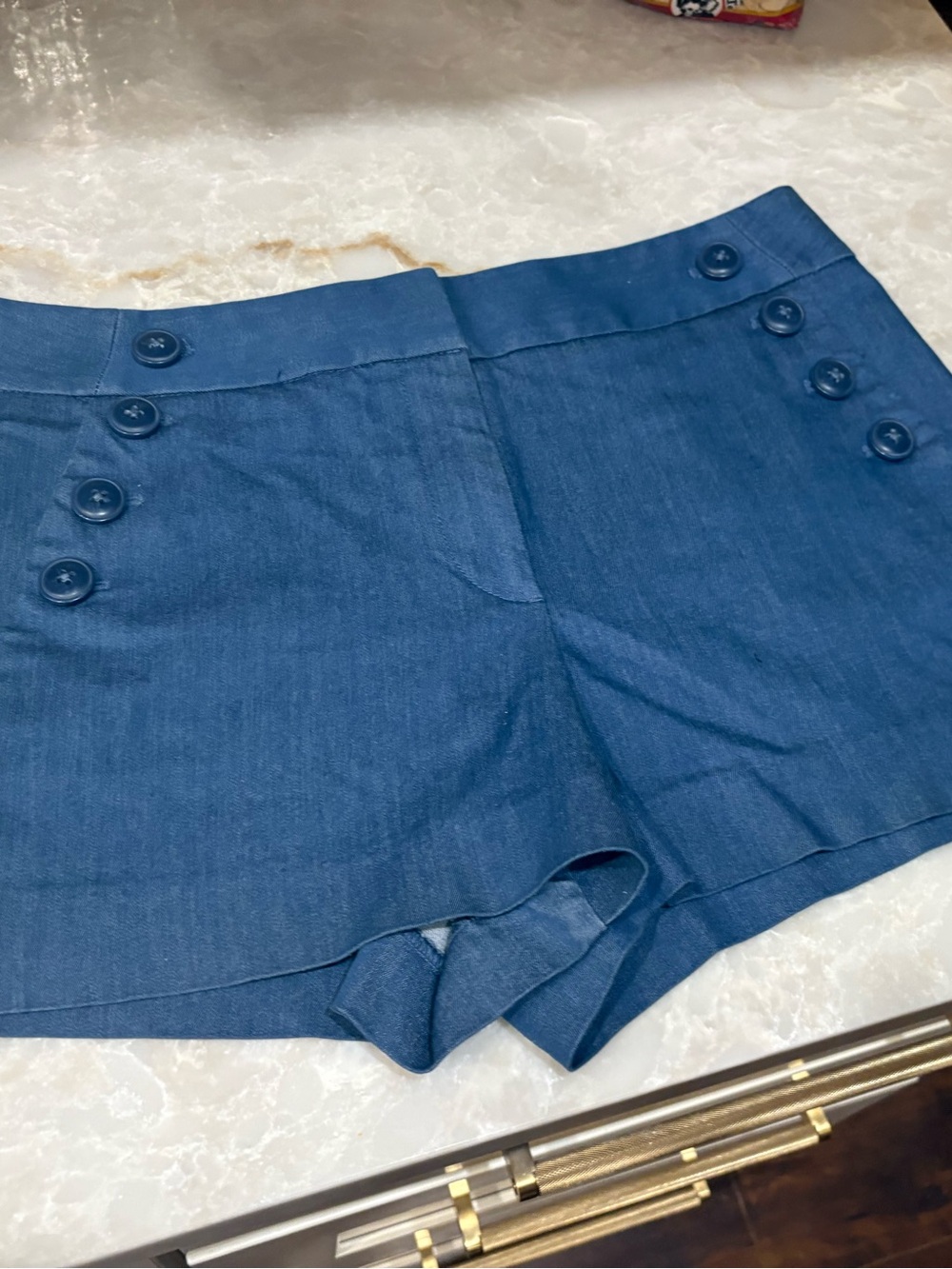 LOFT Blue Chambray Look High Rise Sailor Button Dress Shorts Size 8